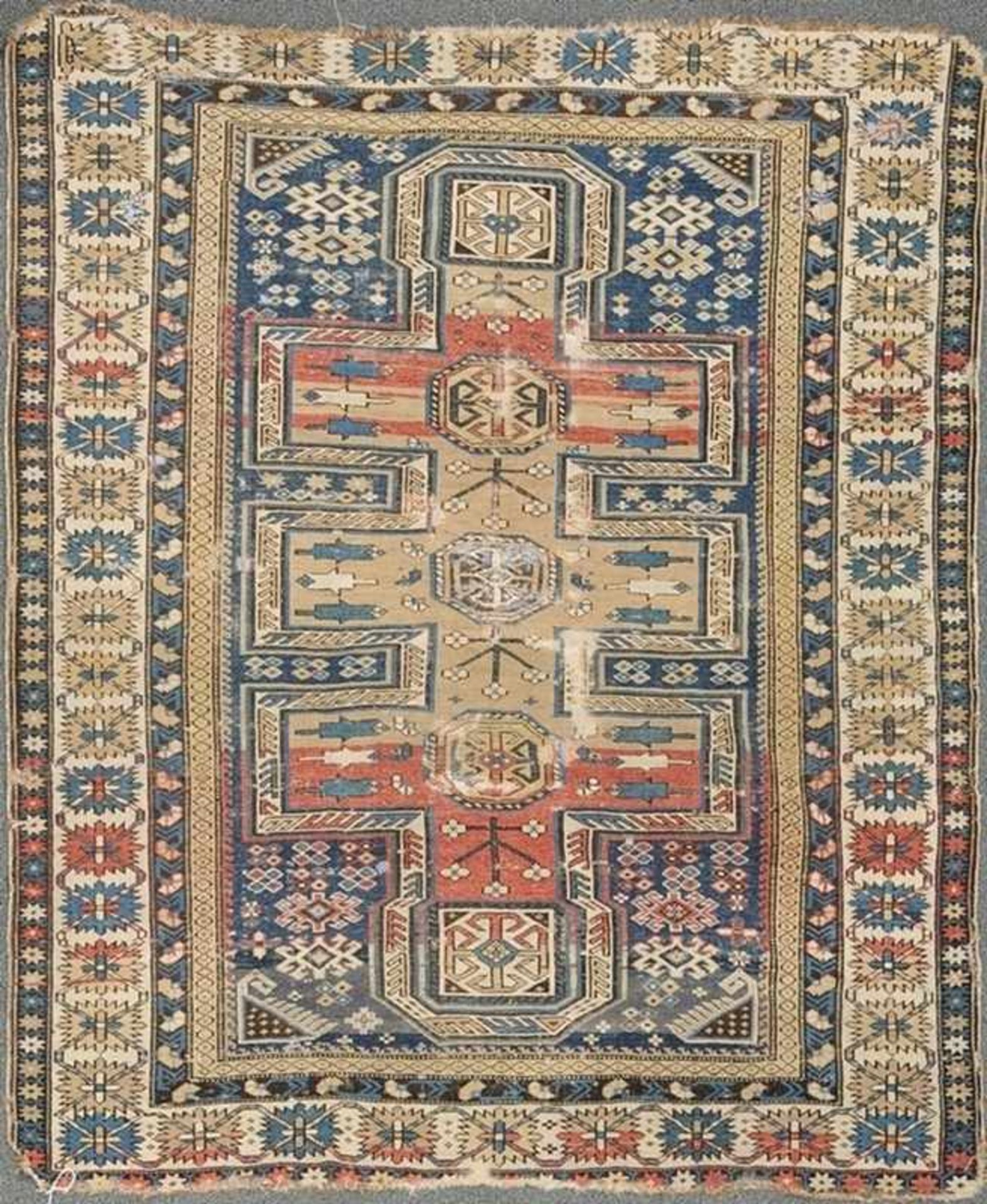 Historischer SchirwanWolle/Wolle. Sumakh. Polychromer Ornamentaldekor in Blau, Braun, Rot, Naturweiß