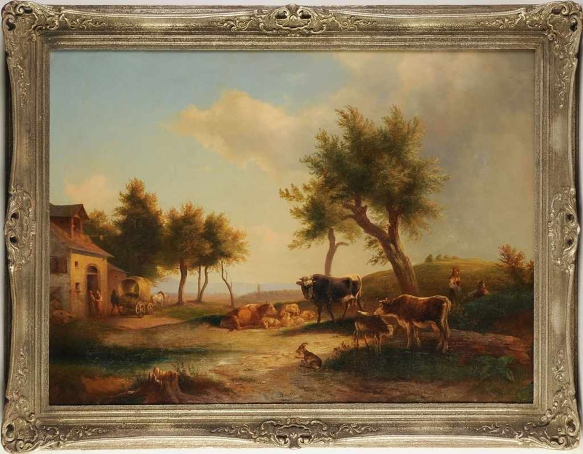 Hirsch, Hermann attr.(1806 Sulzbach - 1834 München) Öl/Lwd. Landschaft mit rastender Viehherde,