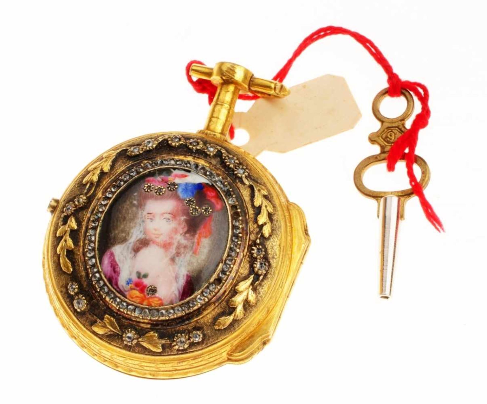 Französische Damen-Taschenuhr mit MiniaturmalereiVergoldetes Gehäuse. Rücks. in floral - Bild 2 aus 2