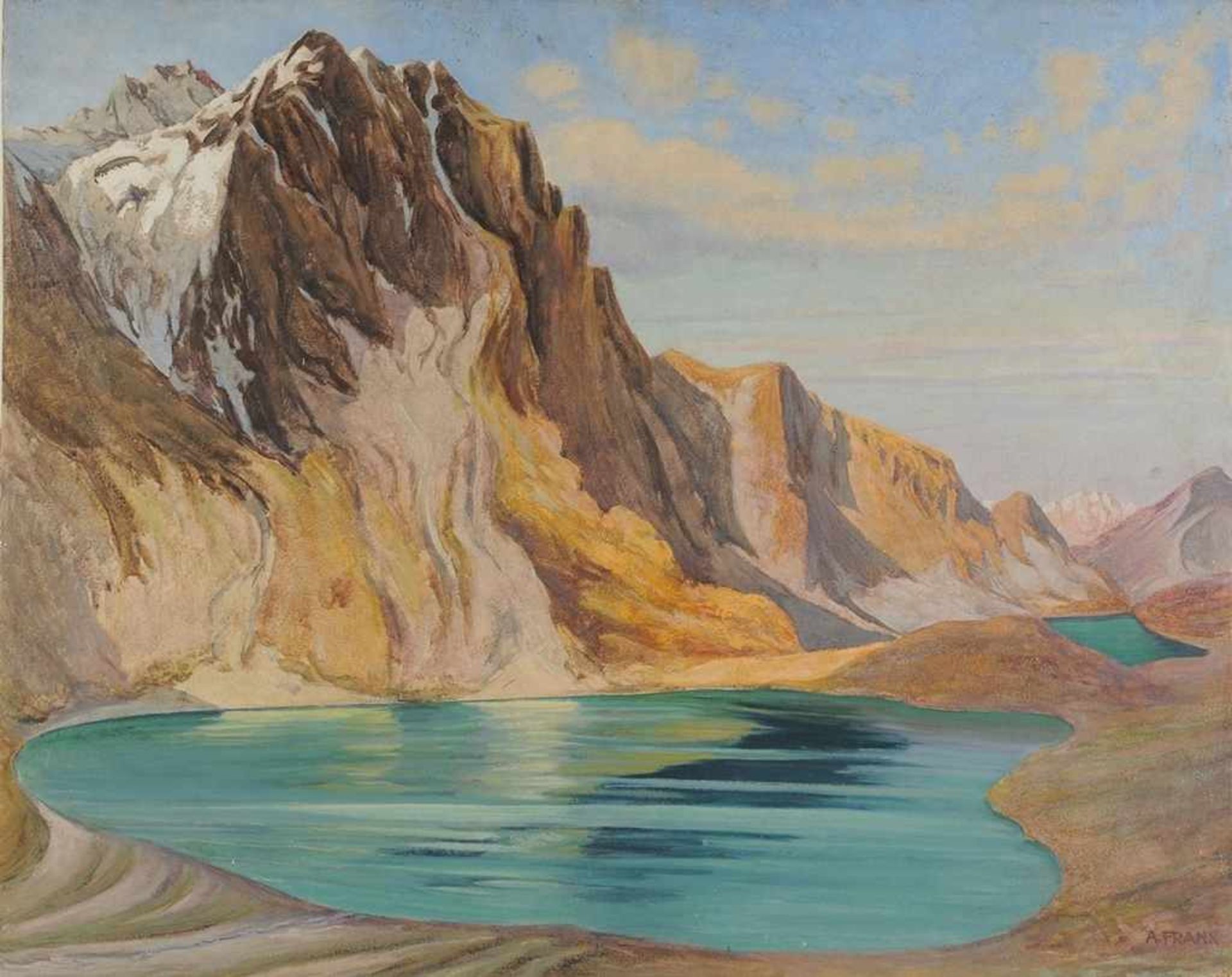 Frank, AlfredÖl/Sperrholz. Hochalpine Landschaft mit Blick auf 2 Gebirgsseen. R. u. sign. 80 x 100