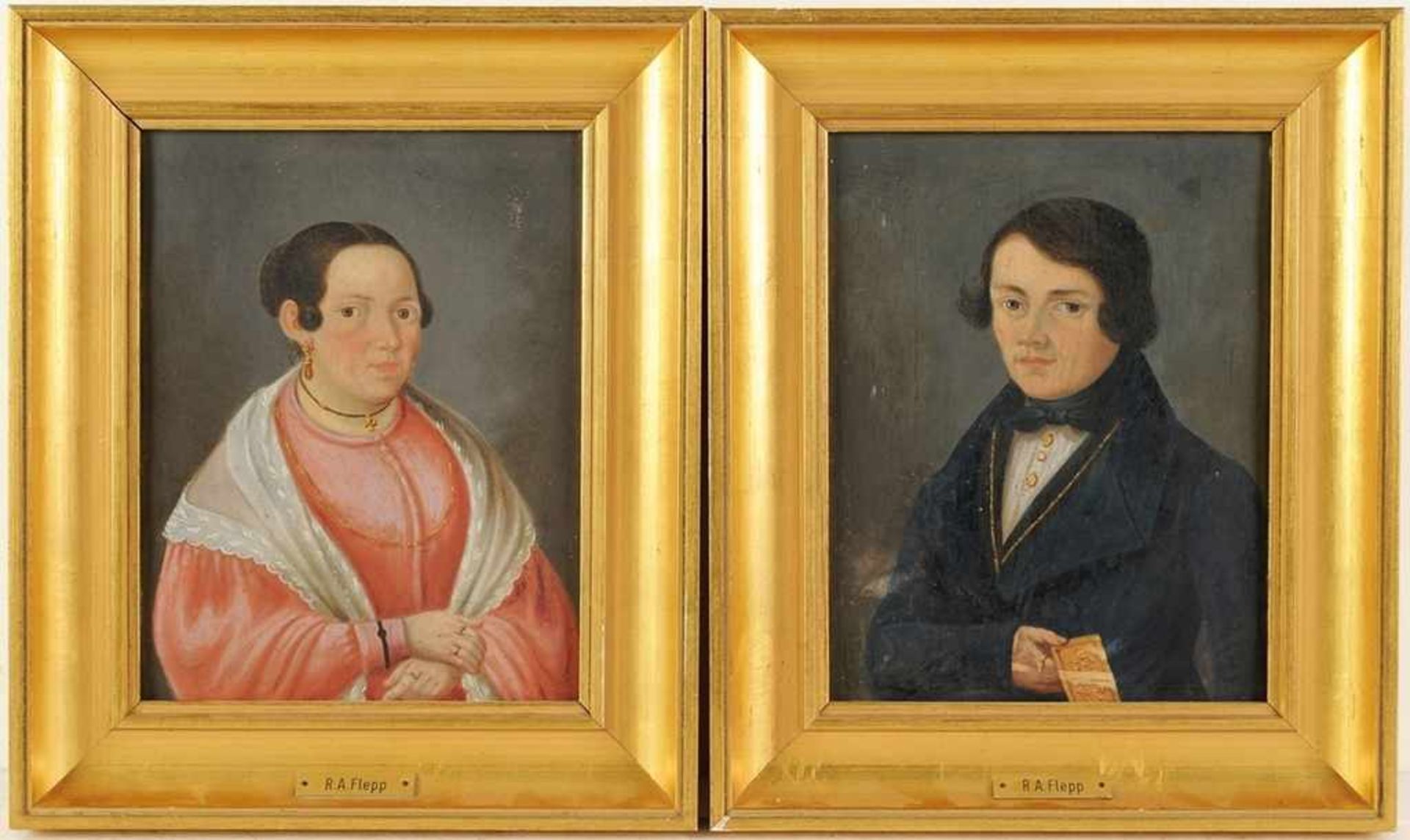 Flepp, R.A.(Wohl deutscher Maler, 2. D. 19. Jh.) Öl/Eisenblechtafel. Paar Porträtbilder. Brustbilder