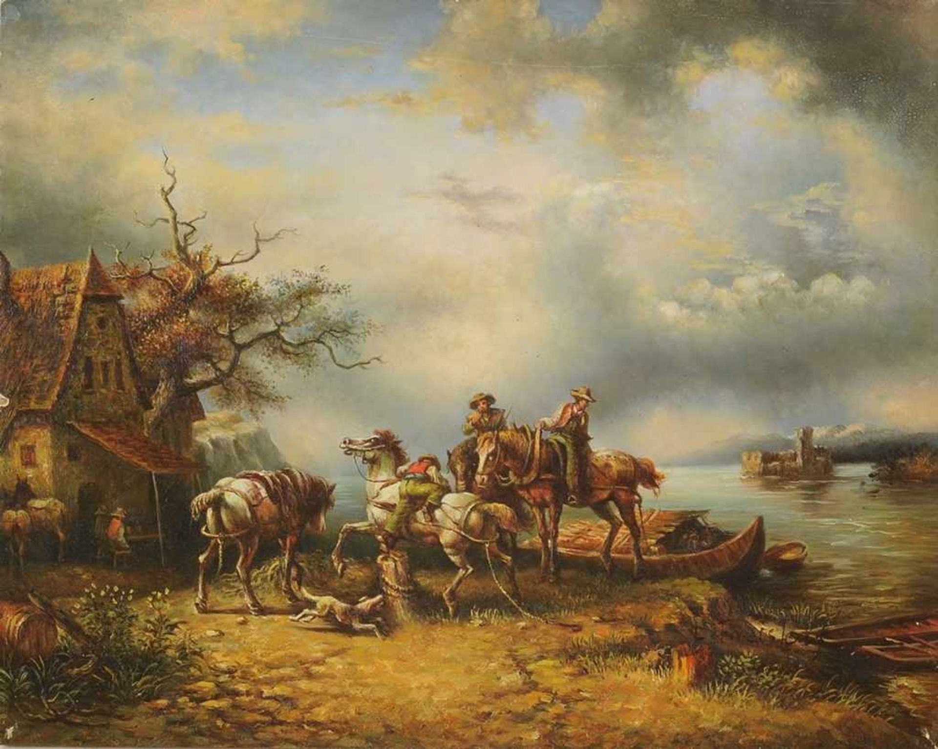 Freistedt, L.(Deutscher Maler, 2. H. 20. Jh.) Öl/Holz. Uferlandschaft mit Reitern vor Wirtshaus.