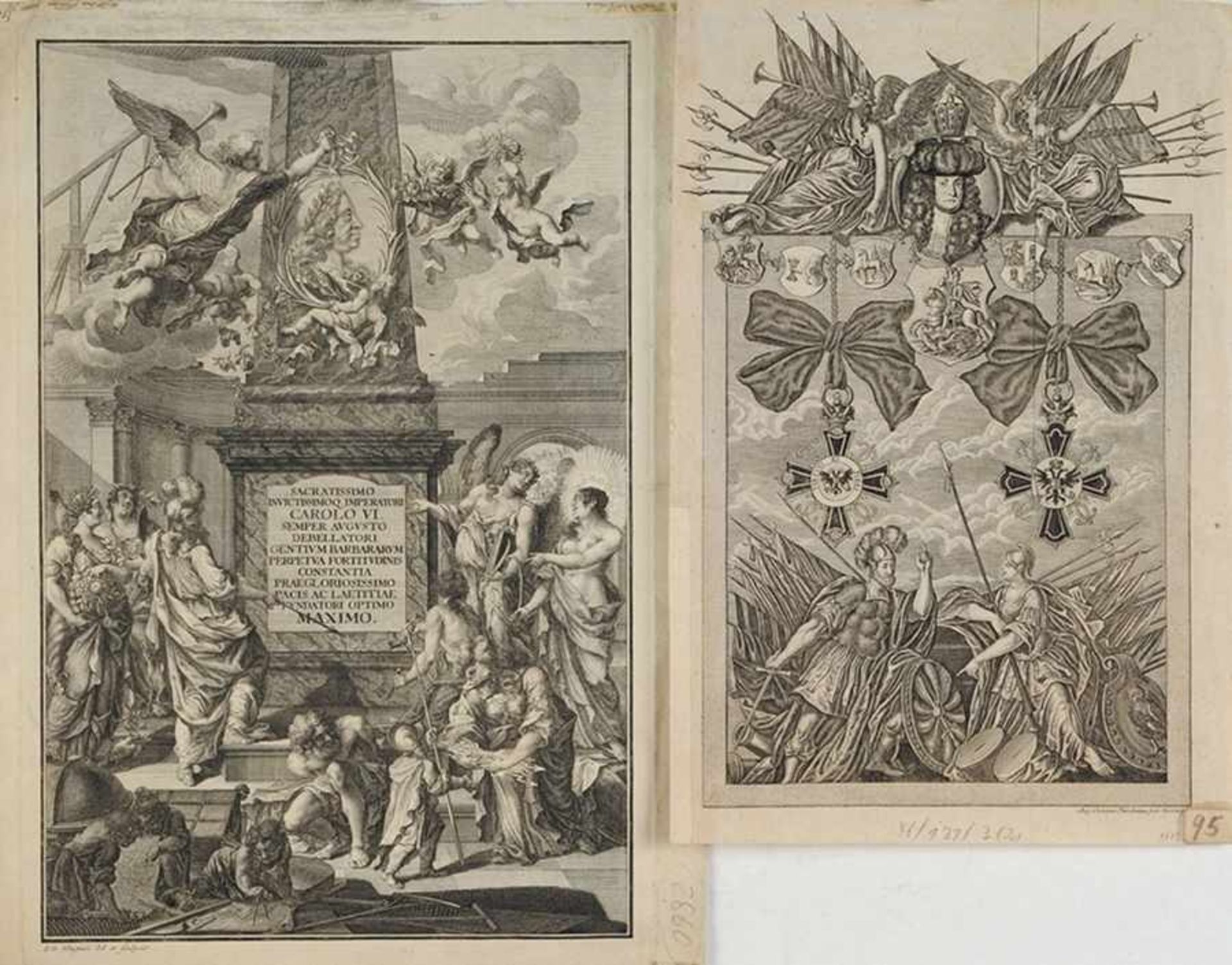 Paar Herrscherapotheosen auf Karl VI.Kupferstich. Über Darstellung von Mars u. Minerva mit