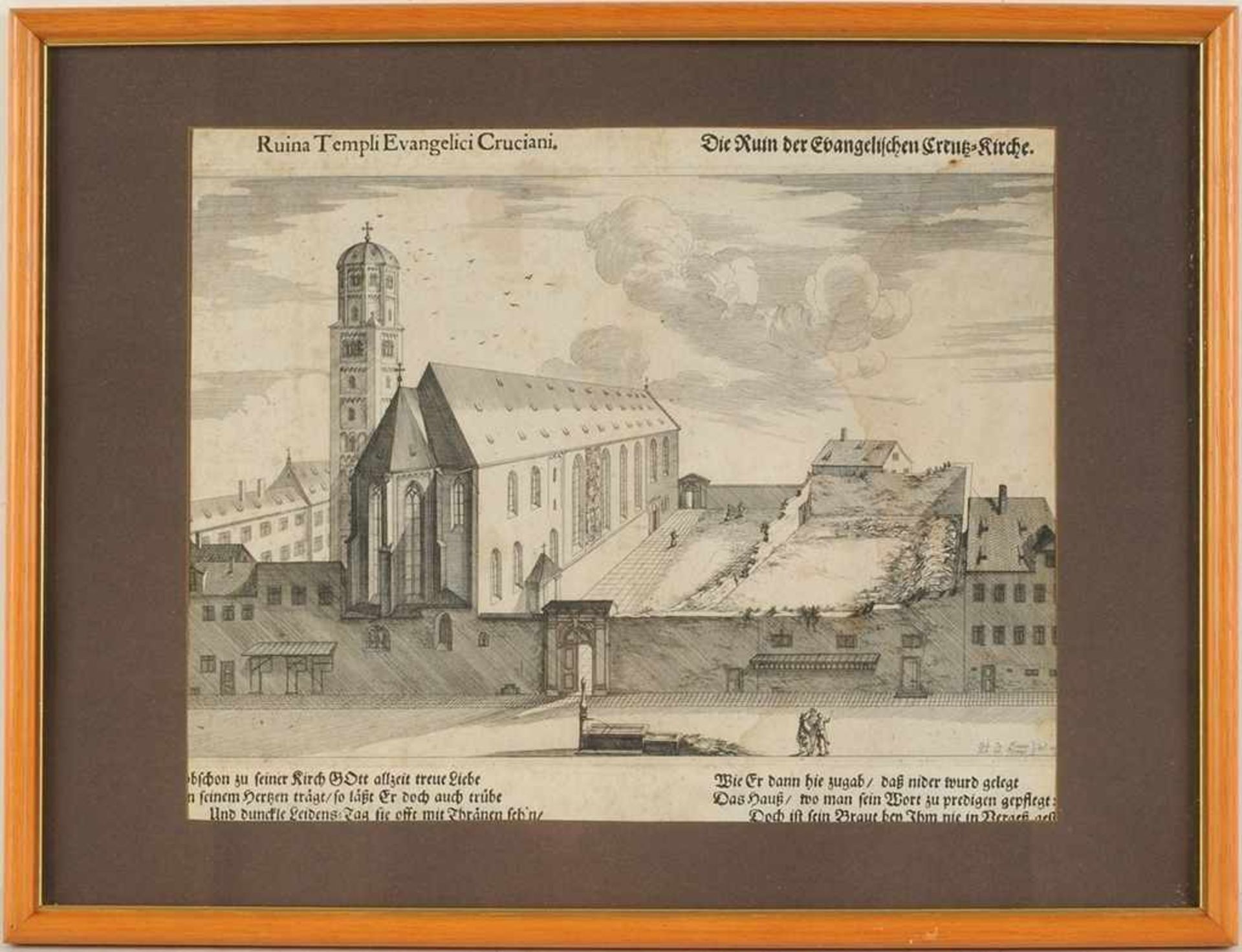 Ansicht AugsburgRadierung. "Die Ruin der Evangelischen Creutz-Kirche.", Blick auf das Kloster Heilig