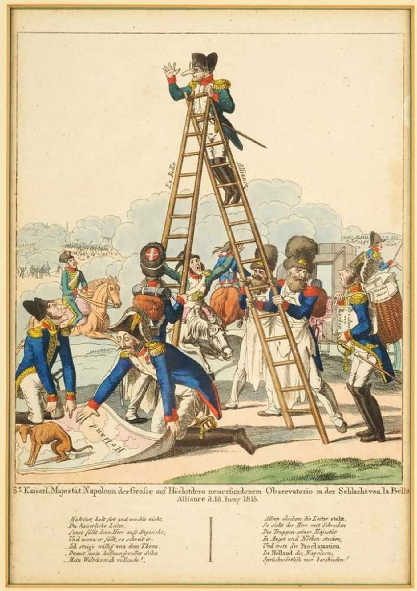 Karikatur Napoleonische BefreiungskriegeKupferstich, handkoloriert. "Se. kaiserl. Majestät