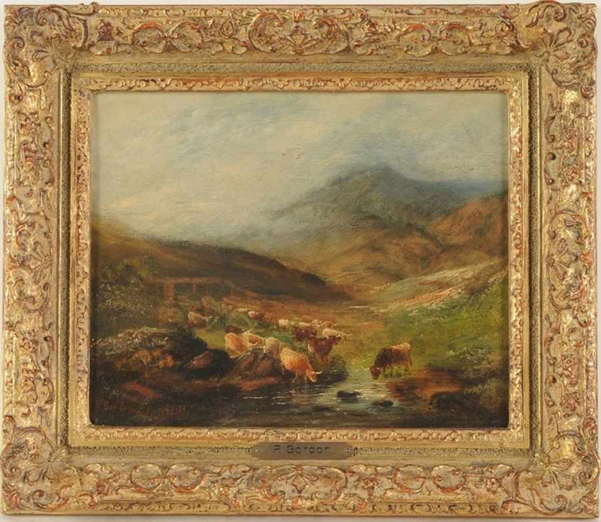 Gordon, P.(Englischer Maler, 2. H. 19. Jh.) Öl/Lwd. Gebirgslandschaft mit Viehherde an Wasserstelle.