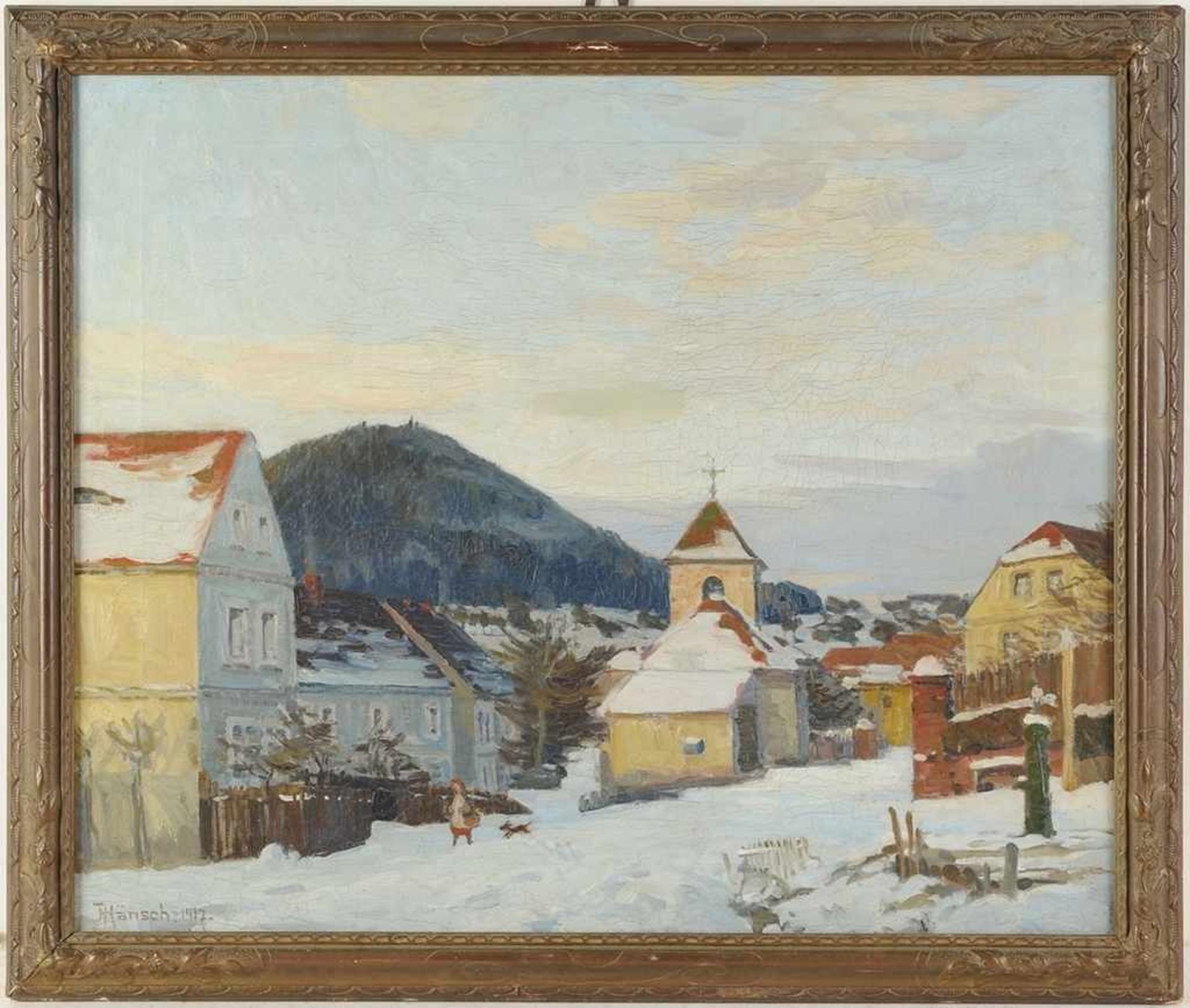 Hänsch, Johannes(Berlin 1875 - 1945) Öl/Lwd. "Winterabend (Eulengebr.)", dörfliche Landschaft mit