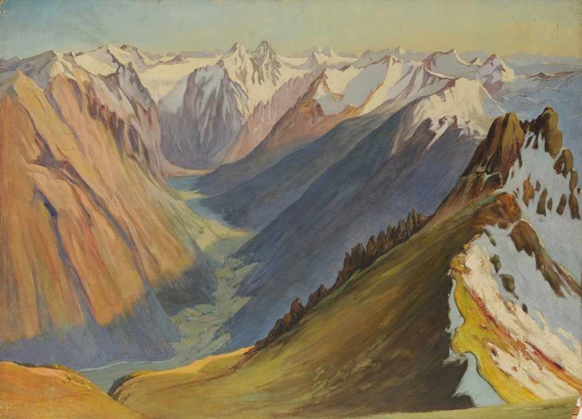 Frank, Alfred(1884 Lahr/Baden - 1945 hingerichtet in Dresden) Öl/Sperrholz. Alpine Landschaft, Blick
