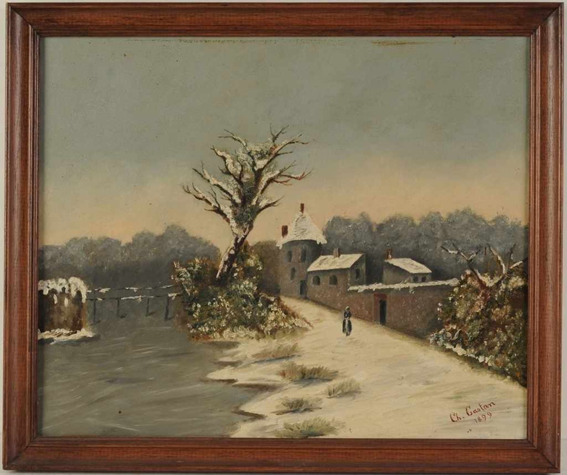 Castan, Ch.(Französischer Maler, E. 19. Jh.) Öl/Lwd. Winterliche Landschaft mit Architektur u.