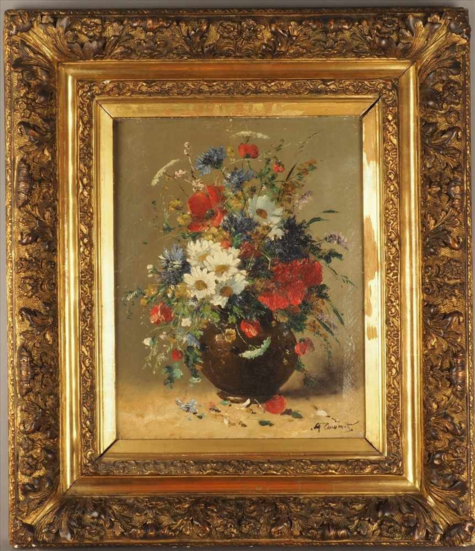 Blumen-StillebenÖl/Lw. um 1900, unleserl. sign. im Prunkrahmen.Maße: H67 x B57cm