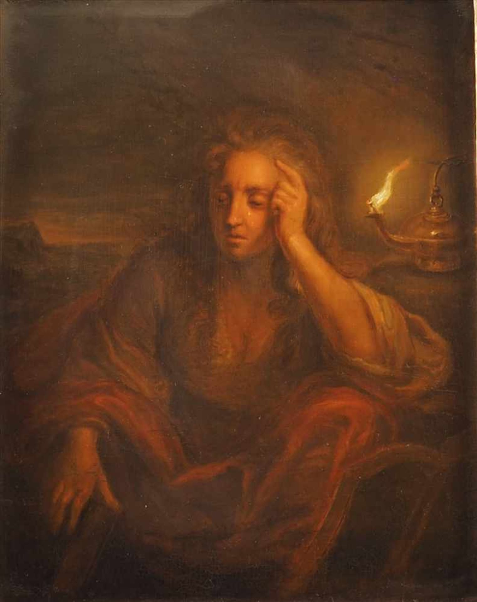 "Denkende Frau im Kerzenlicht", 17. Jh.Öl/ Holz im geschnitzten Rahmen, bez. auf Plakette Godfried - Bild 2 aus 4