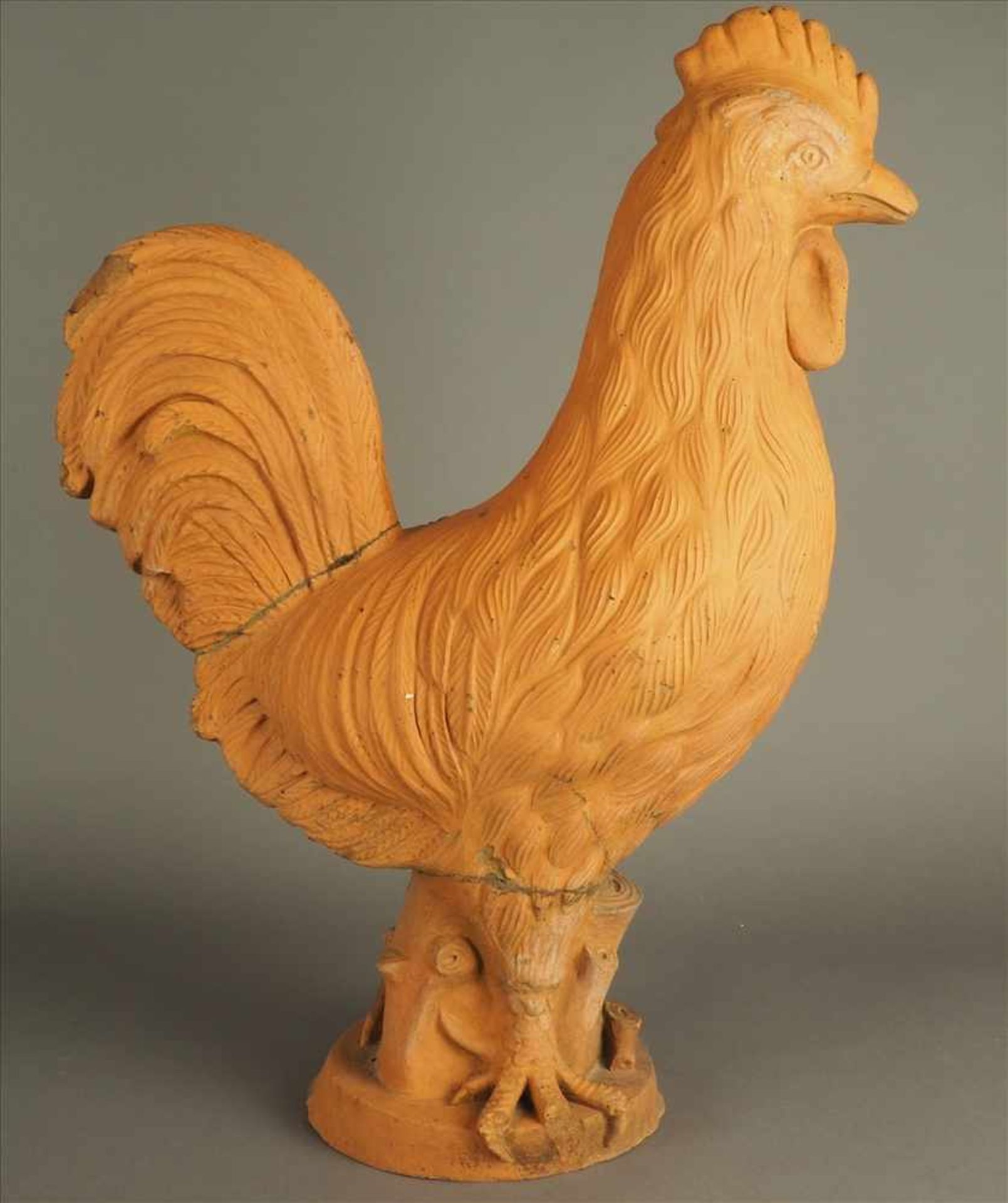 Terracotta-Gockel, 19. Jh.Altersschäden, Maße: H65cm.