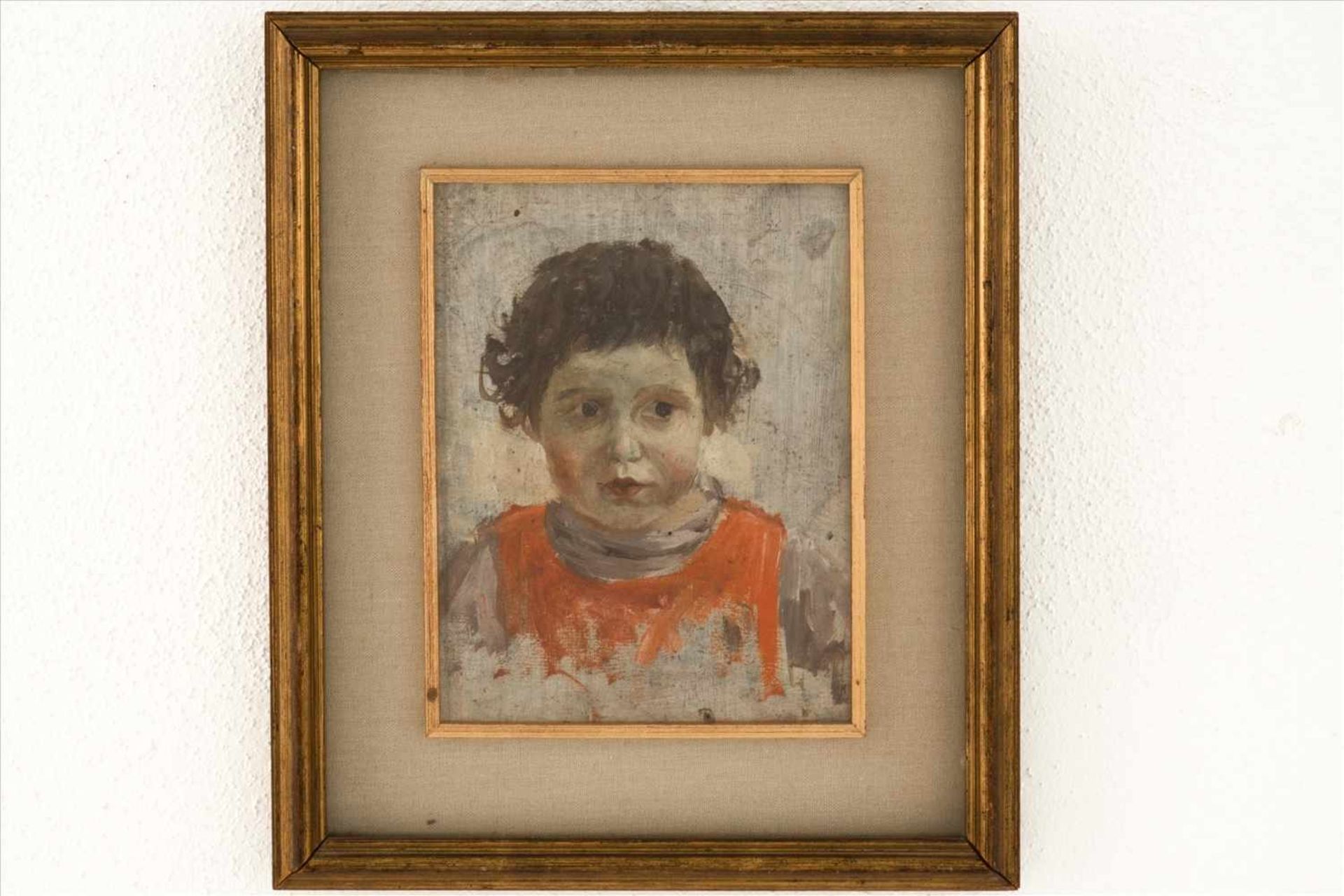 KinderportraitÖl/ Karton, um 1900, unsign.Maße Rahmen: H38,5 x B33cmMaße Bild: H25 x B19,5cm.Child's