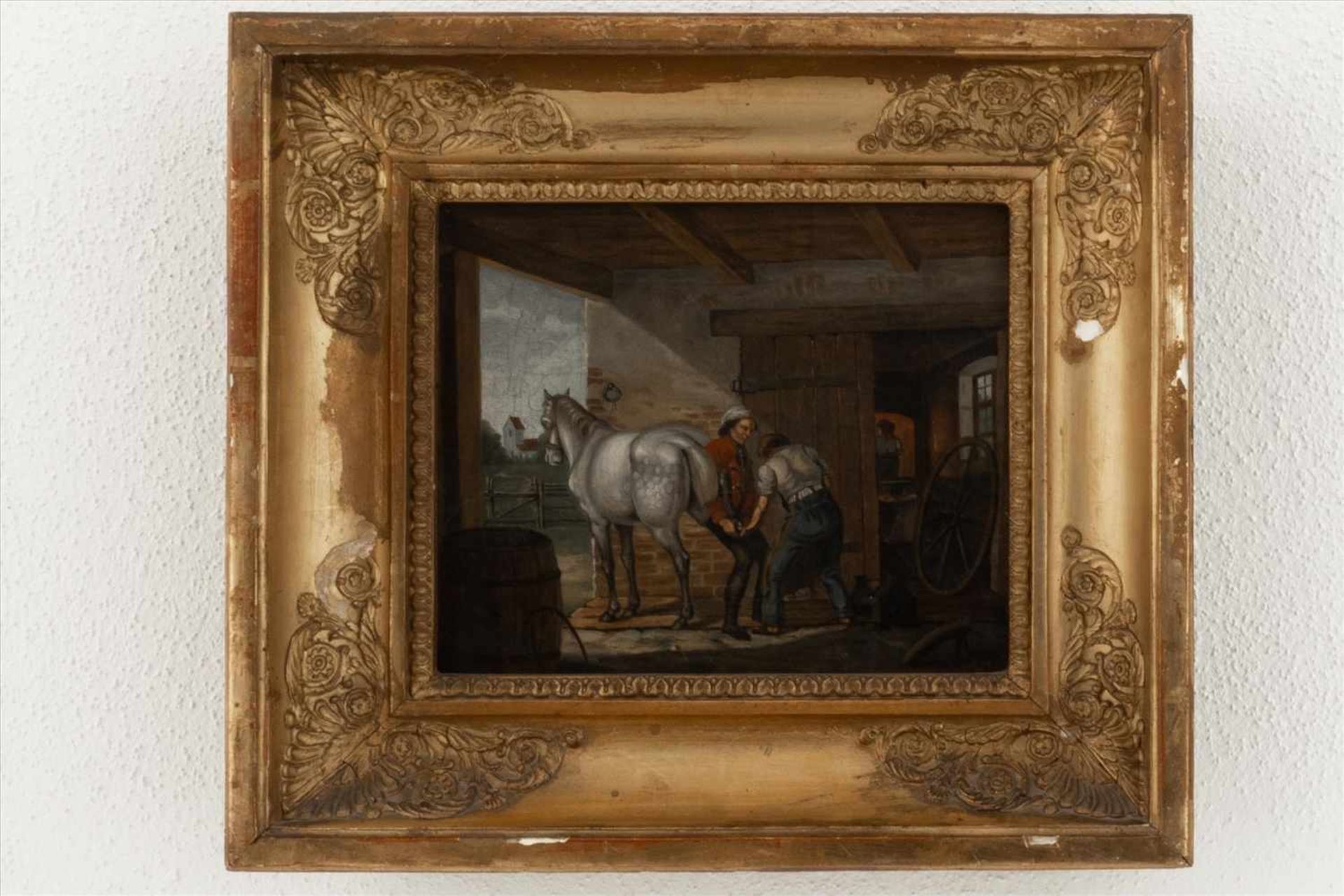 Biedermeier Gemälde "Im Pferdestall"Öl/Lwd. um 1820, Rahmen rest. bed. Maße: H31,5 x B35,