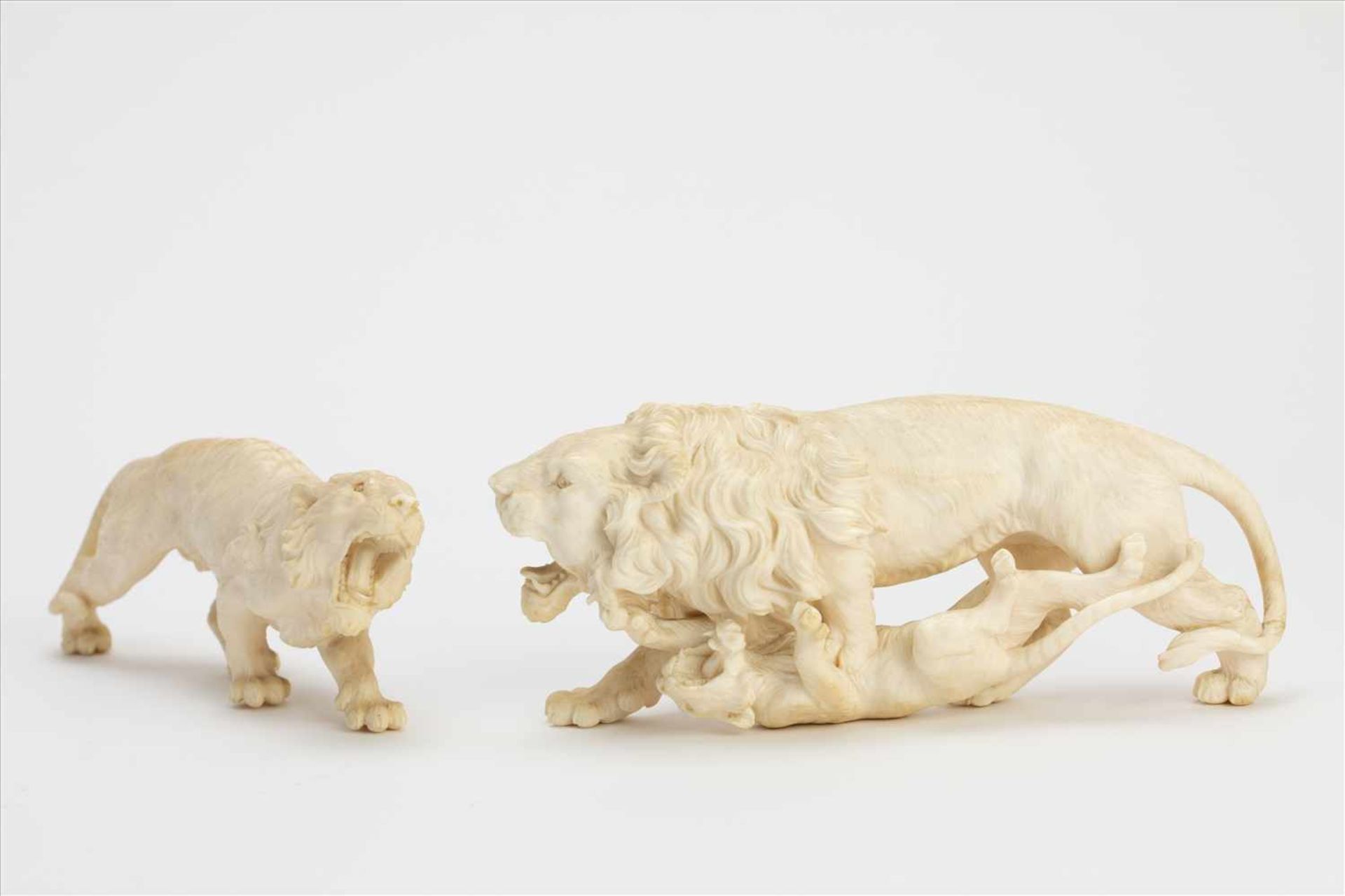Paar fein geschnitzte Elfenbein Löwen19. Jh., fein geschnitzte Figuren einer Löwin und eines Löwen