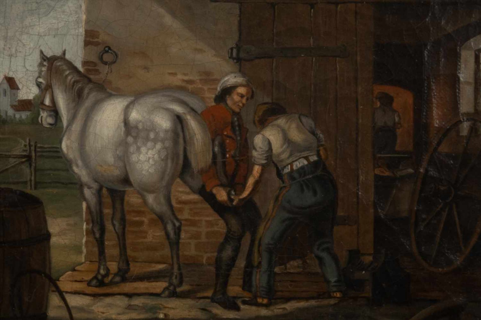 Biedermeier Gemälde "Im Pferdestall"Öl/Lwd. um 1820, Rahmen rest. bed. Maße: H31,5 x B35, - Bild 2 aus 3