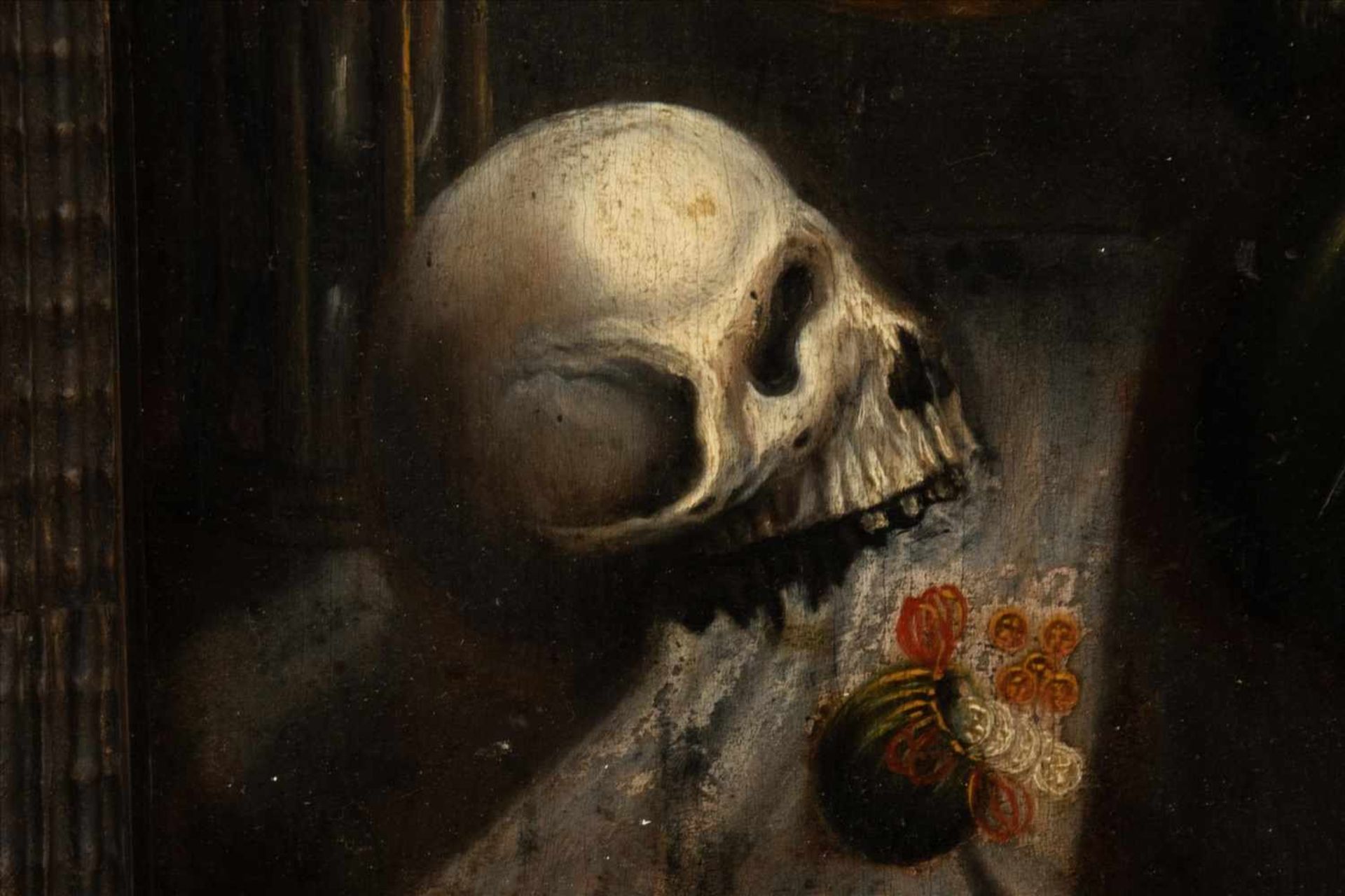 Memento mori,alte Frau mit Kerze/Totenkopf und StundenglasÖl/Holz,18.Jh., Originalrahmen.Maße: H44 x - Bild 3 aus 4