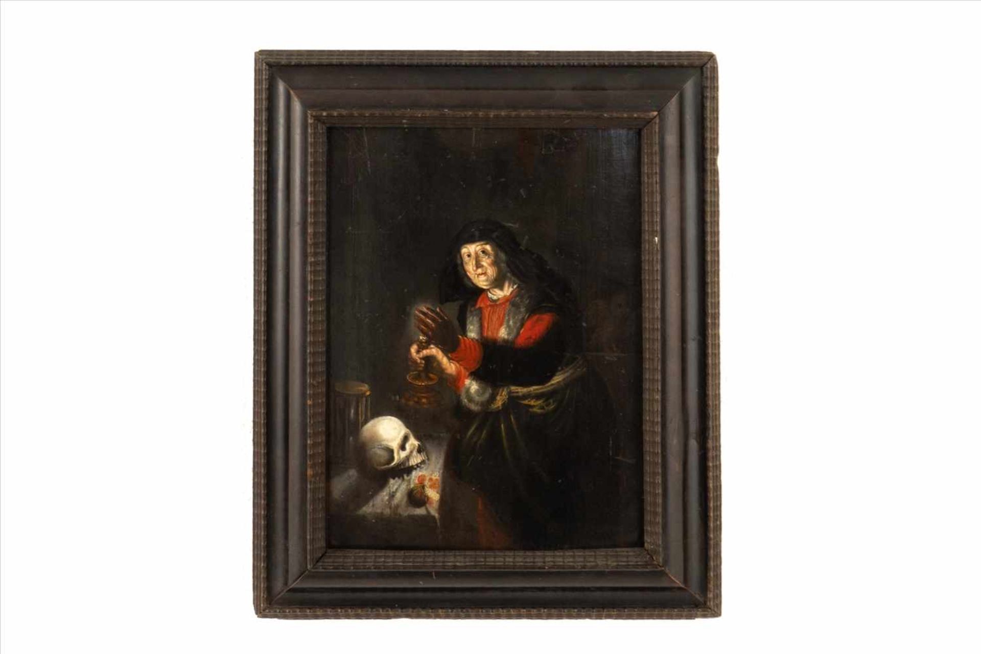 Memento mori,alte Frau mit Kerze/Totenkopf und StundenglasÖl/Holz,18.Jh., Originalrahmen.Maße: H44 x