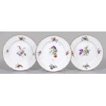 Sechs Zierteller mit Vogel- und BlumendekorReliefdekor "Dulong". Im vertieften Spiegel und auf der