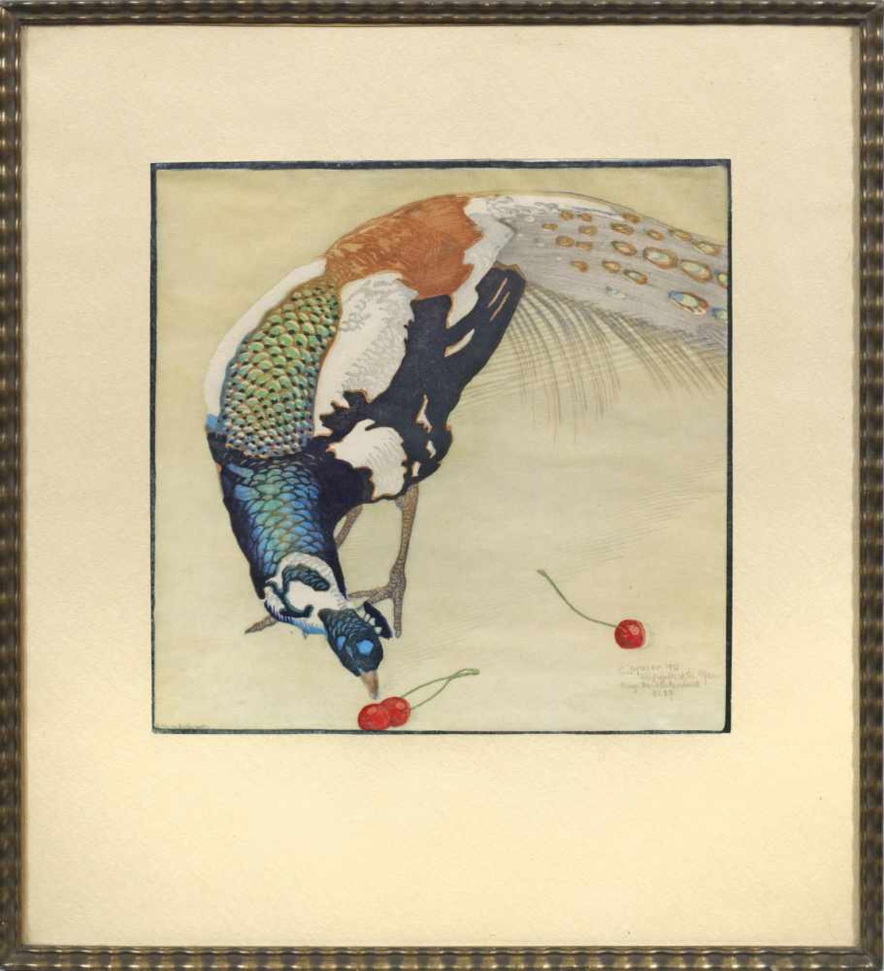 Carl Moser(1873 Bozen - 1939 ebenda)"Weißgefleckter Pfau". OriginaltitelFarbholzschnitt/Papier,