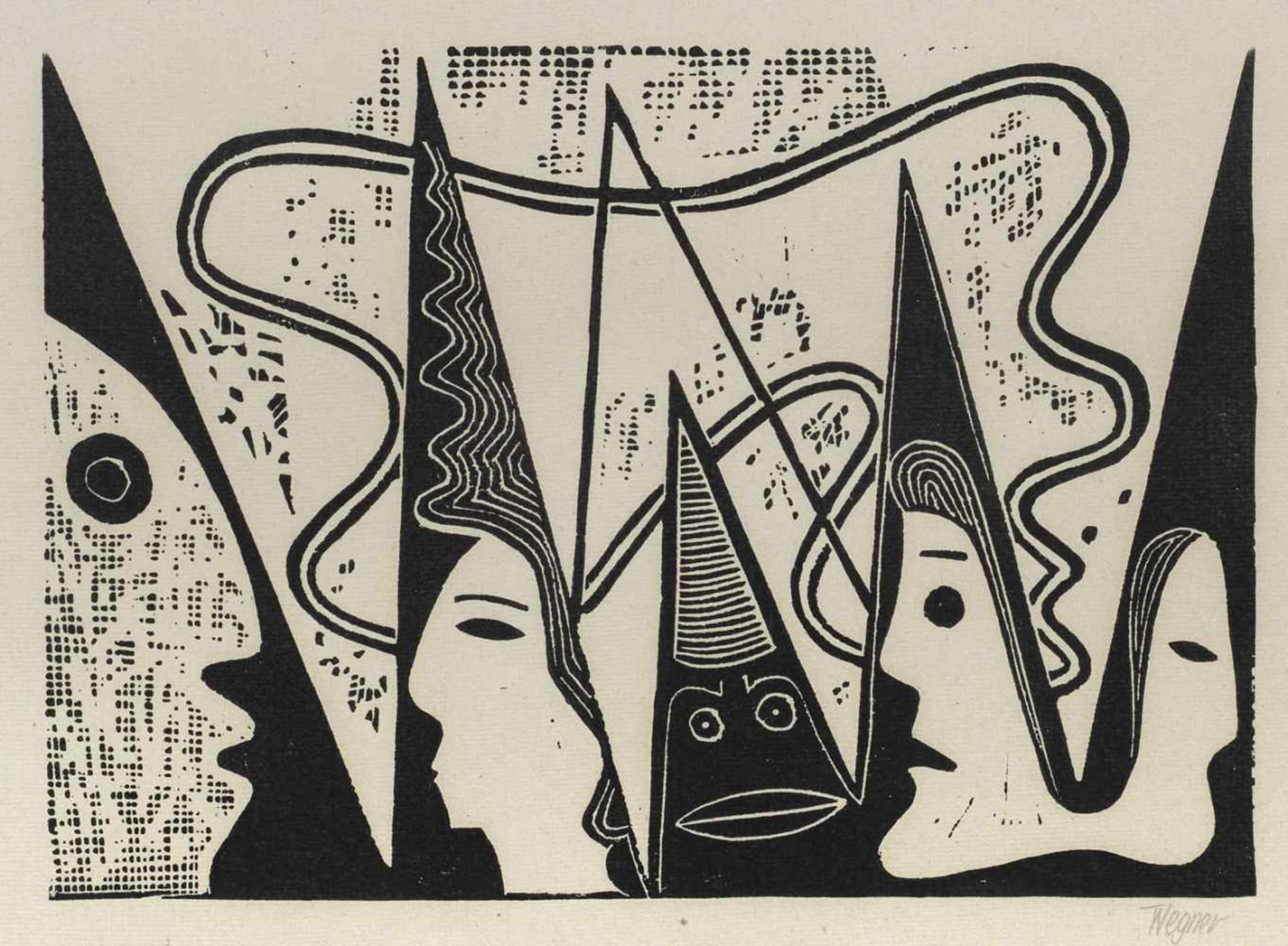 Erich Wegner(1899 Gnoien - 1980 Hannover)Komposition mit Masken und ProfilbildnissenLinolschnitt/
