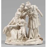 Figurengruppe "Drei Grazien mit Amor"Steingut. Klassizistische Gruppe in antikisierenden Gewändern