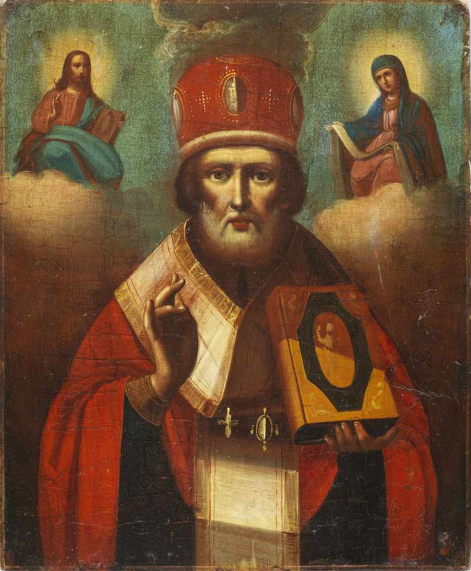 Ikone "Heiliger Nikolaus"Polychrome Ölmalerei auf Holztafel. Halbfigurige Darstellung des Heiligen