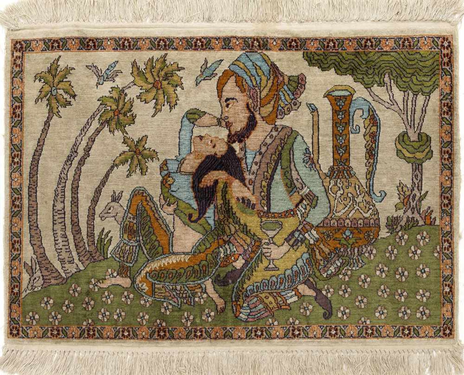 Kleiner Kaschmir-BildteppichIndien. Seide auf Baumwolle. Auf cremefarbenem Fond flächendeckend