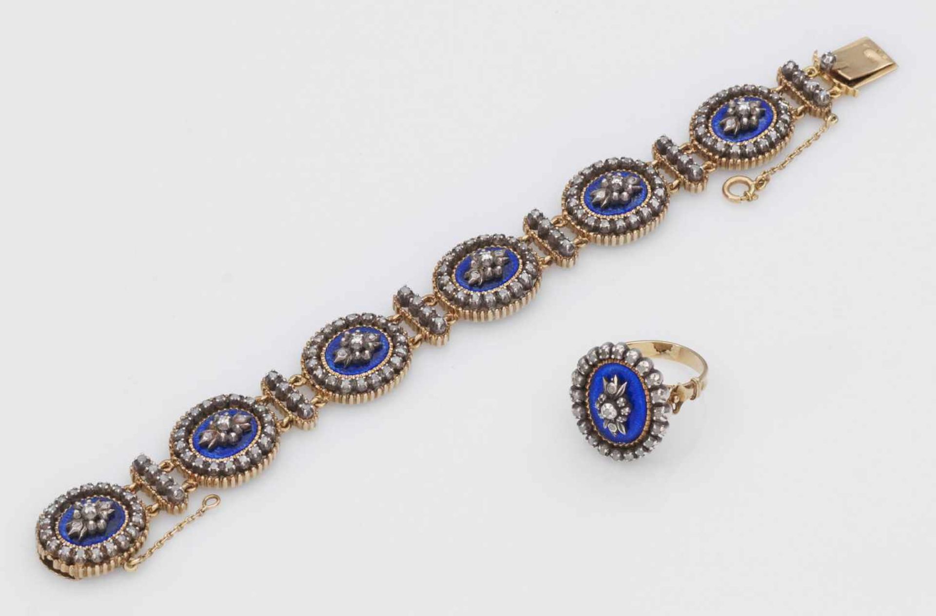 Belle-Epoque-Armband mit korrespondierendem RingGelbgold, gest. 18 ct., teilw. mit Silber verbödet
