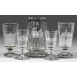 Sammlung von fünf Gläsern mit schlesischen AnsichtenFarbloses Glas, teilw. facettiert. Vier