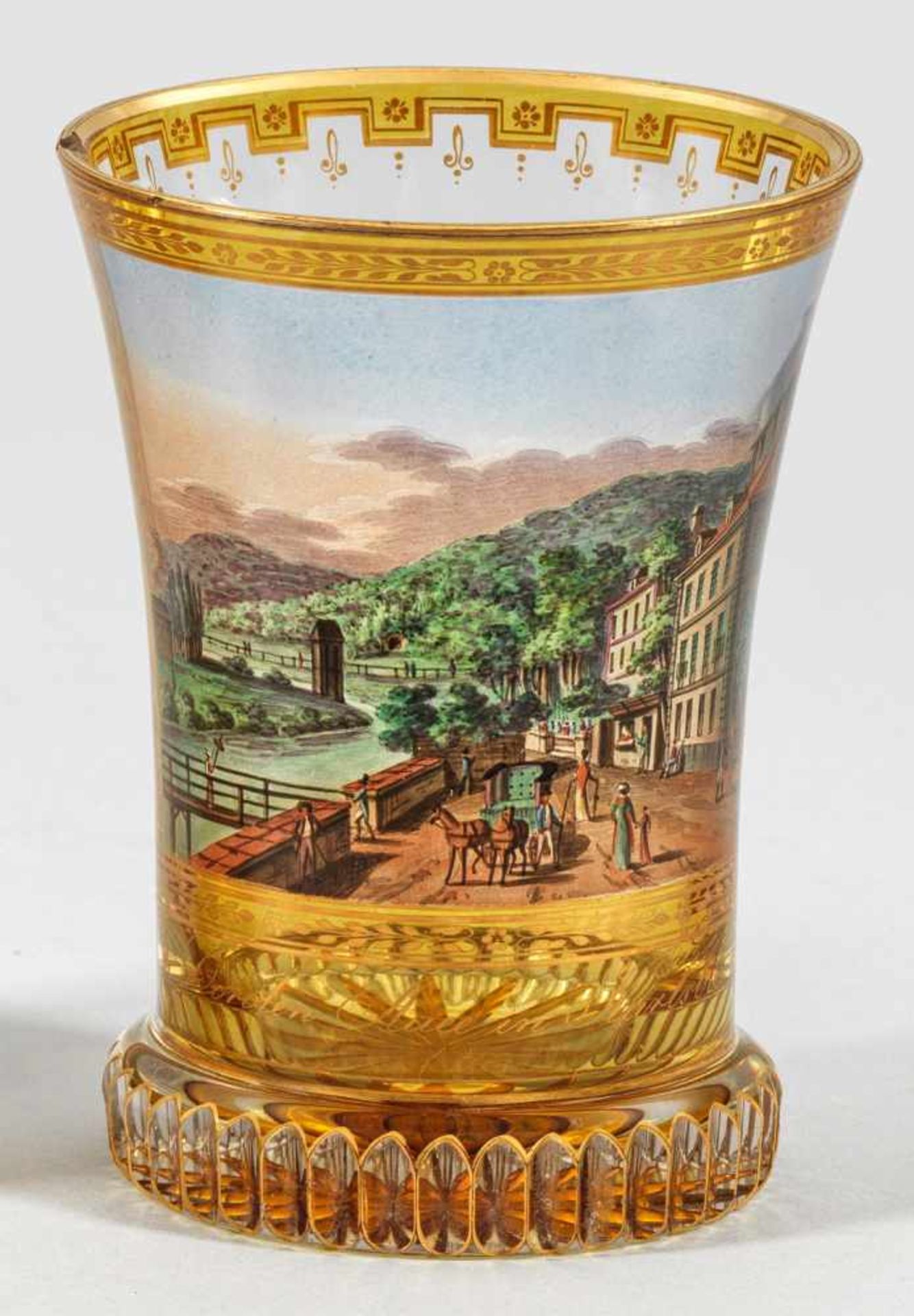 Biedermeier-Ranftbecher mit Ansicht von Karlsbad(Karlovy Vary)Farbloses Glas, geschliffen.