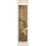 Chinesisches Rollbild mit FischreihernTusche auf Papier. Stilisierte Landschaft mit blühendem