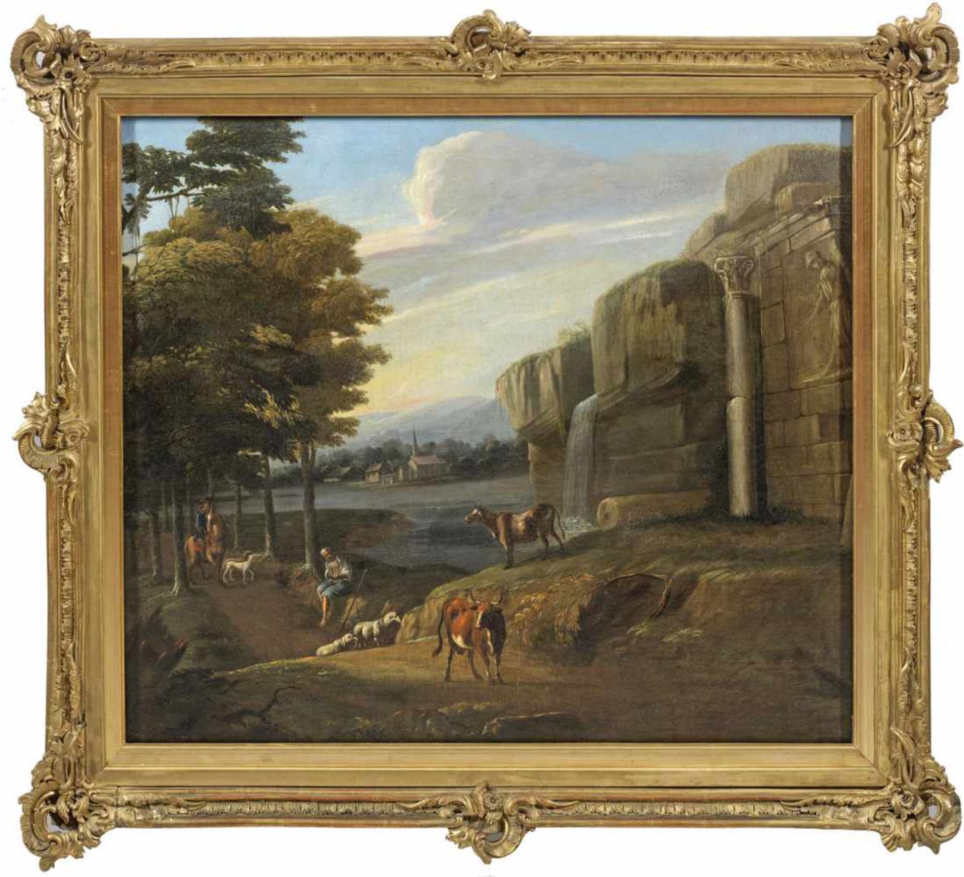 Deutscher Landschaftsmaler des Barock(Tätig im 18. Jh.)Große Landschaft mit rastendem Hirten und