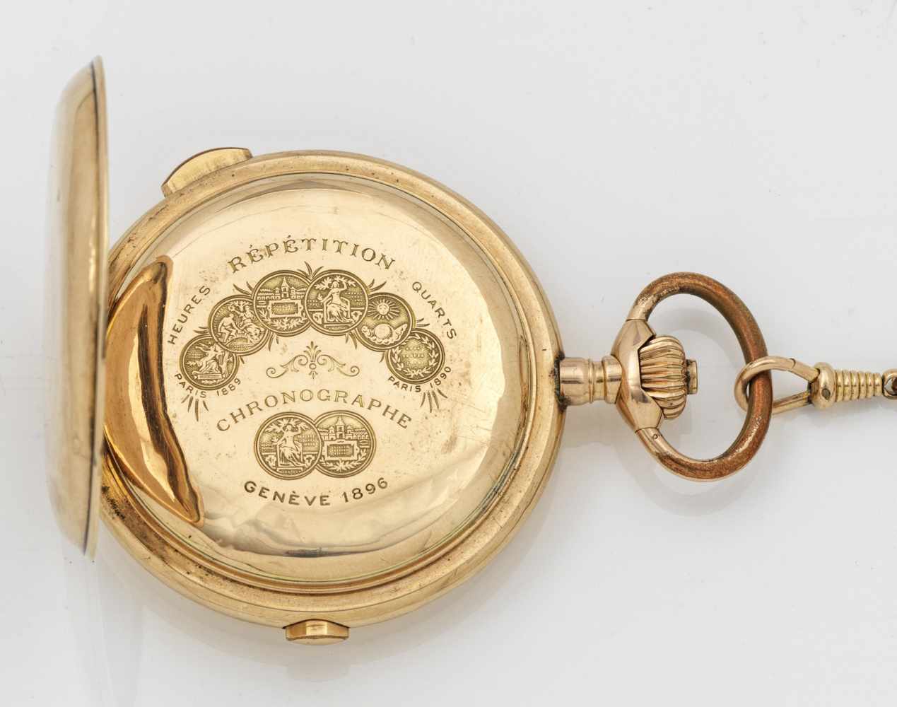 Goldsavonette-Taschenuhr mit 1/4-Stunden RepetitionswerkUm 1900. Gelbgold, gest. 585. Dreideckel- - Image 2 of 3