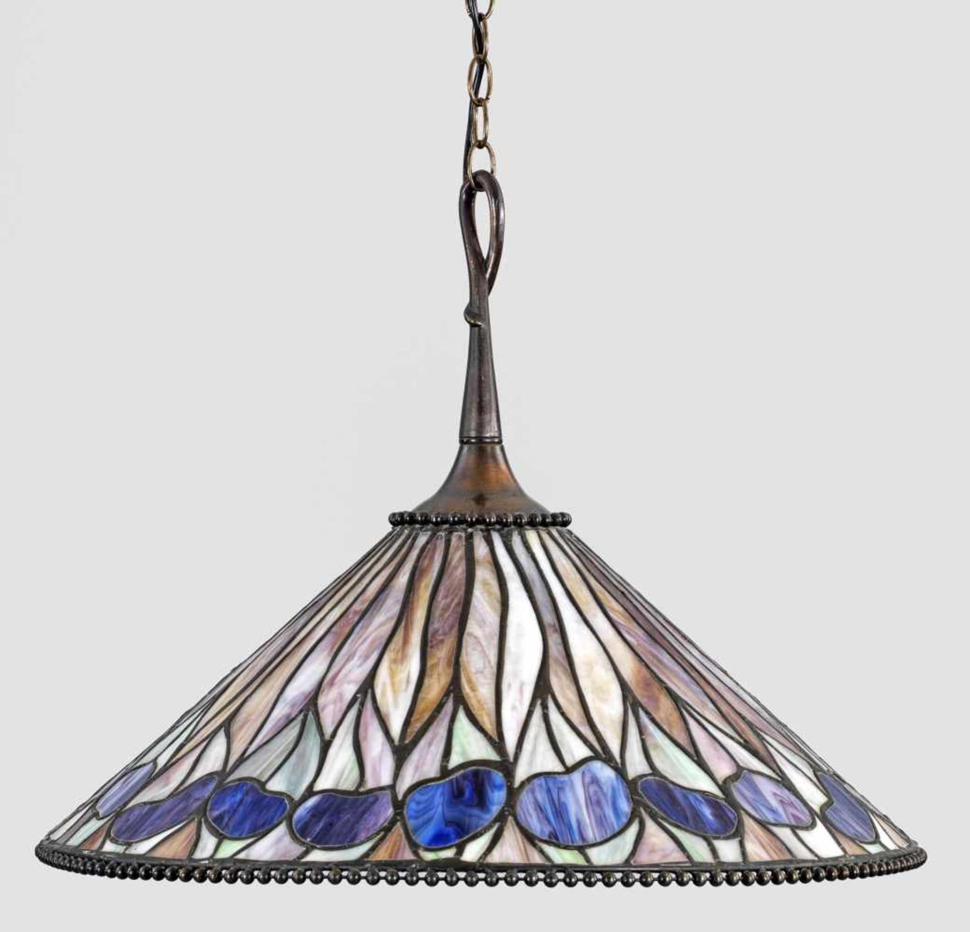 Jugendstil-Deckenlampe im Tiffany-Stil1-flg.; Bleigefasstes, marmoriertes Glas in