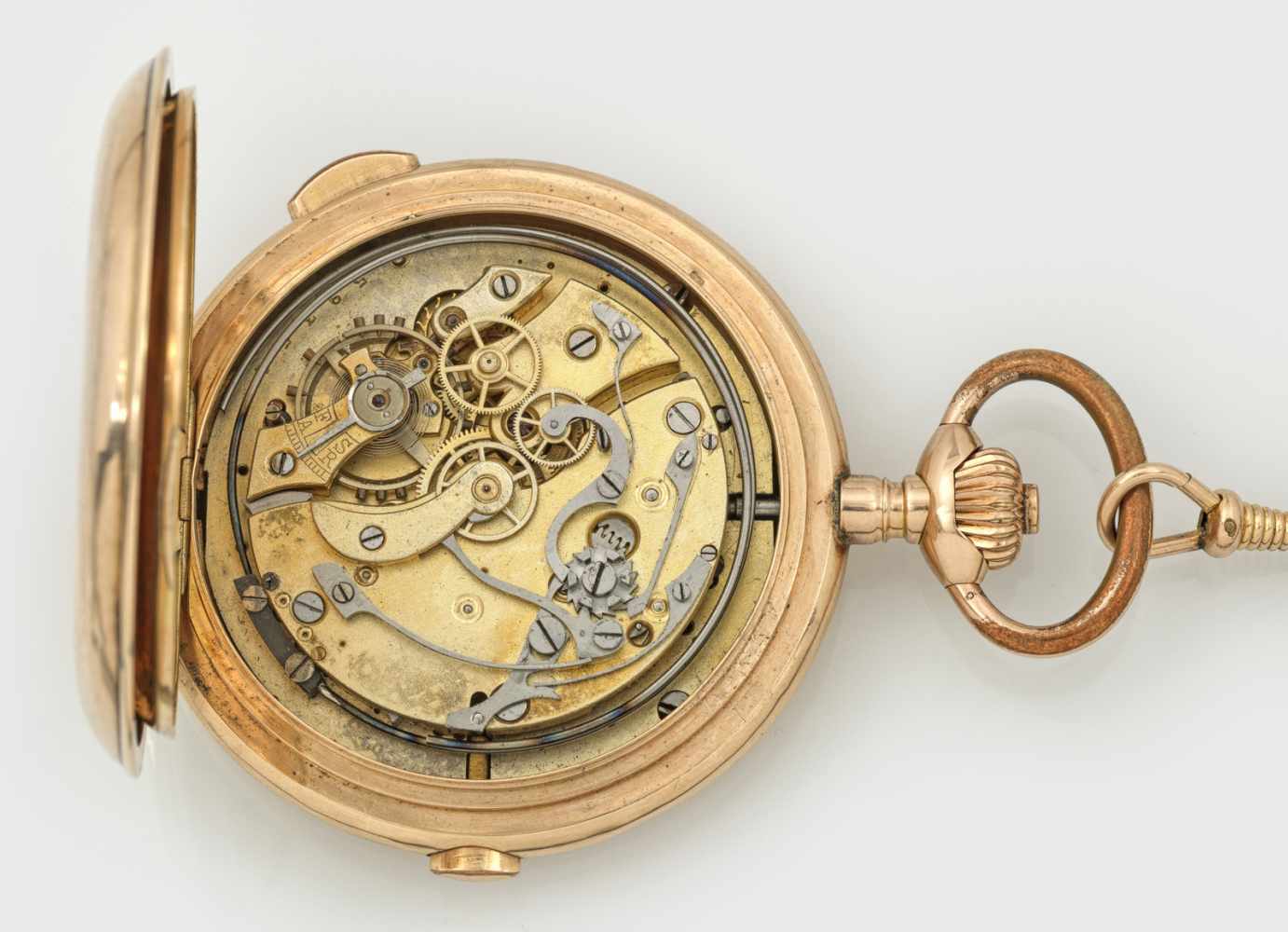 Goldsavonette-Taschenuhr mit 1/4-Stunden RepetitionswerkUm 1900. Gelbgold, gest. 585. Dreideckel- - Image 3 of 3