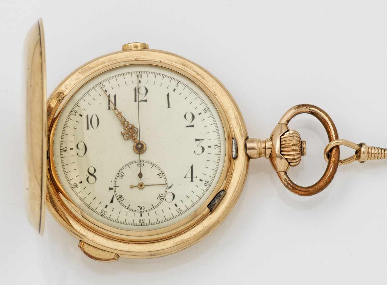 Goldsavonette-Taschenuhr mit 1/4-Stunden RepetitionswerkUm 1900. Gelbgold, gest. 585. Dreideckel-