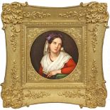 Biedermeier-MädchenporträtPorzellan. Runde Bildplatte mit halbfiguriger Darstellung eines jungen