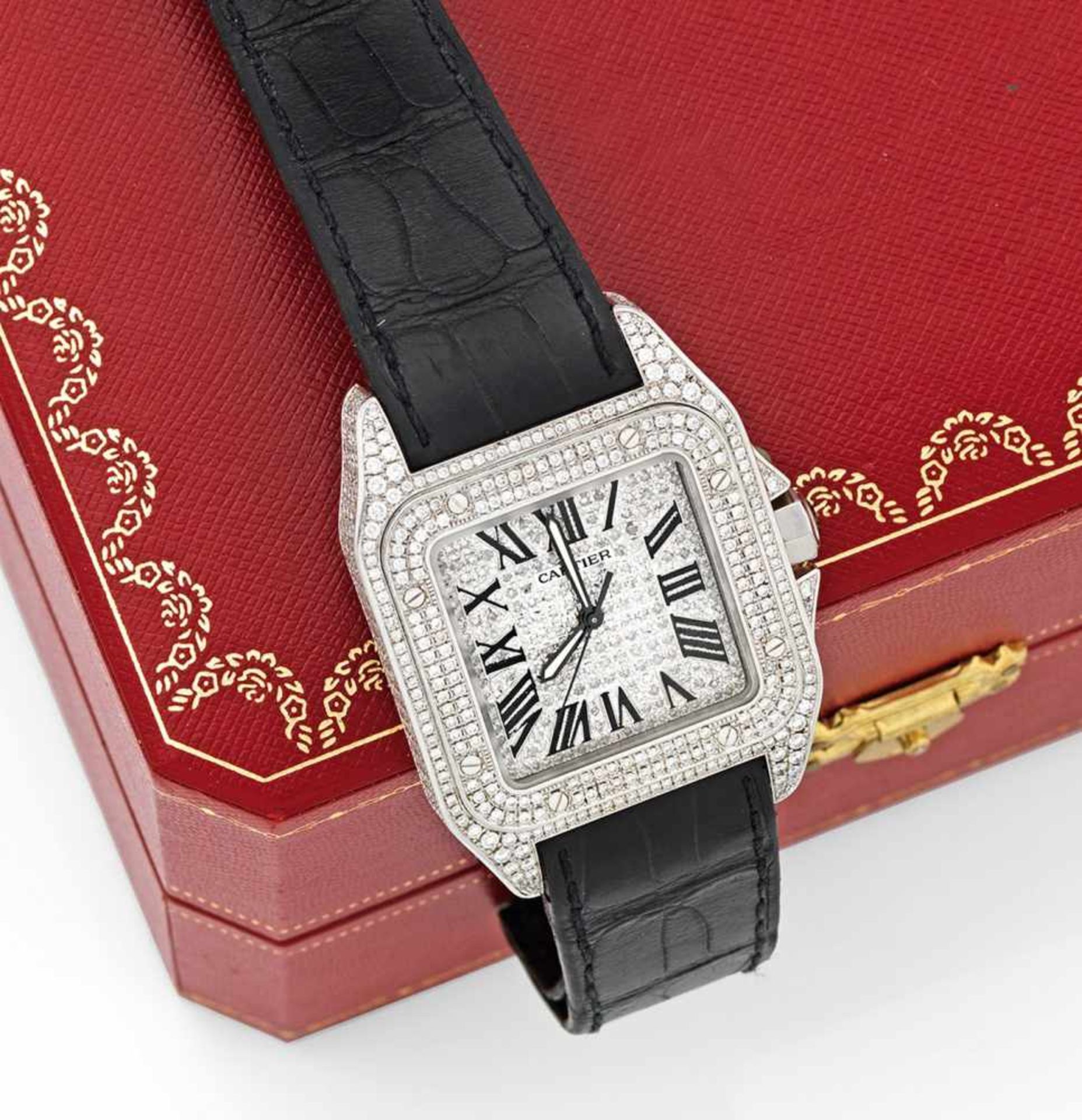 Extravagante Herren-Schmuck-Armbanduhr von Cartiersog. "Santos 100 Automatik", XXL. Stahl.