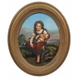 Porzellangemälde "Die ältere Schwester"Ovale Bildplatte. Vor hügeliger Landschaft, auf einem Fels