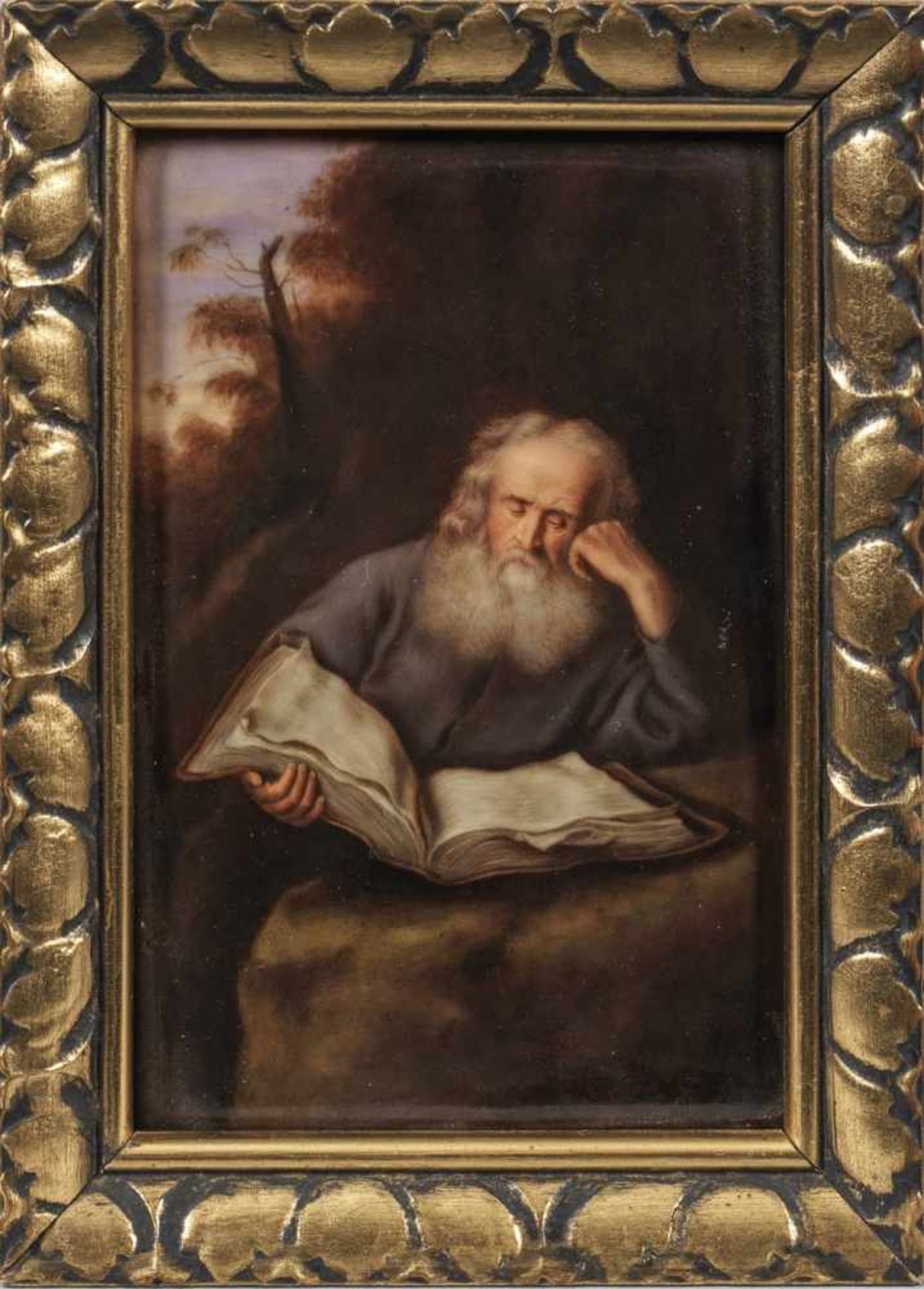 Kleines Porzellangemälde "Hl. Hieronymus"Rechteckige Bildplatte mit Darstellung des Kirchenvaters