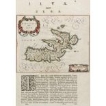 "Elba Isola olim Ilva" (Die Insel Elba einst Ilva).OriginaltitelBuchseite mit altkolorierter
