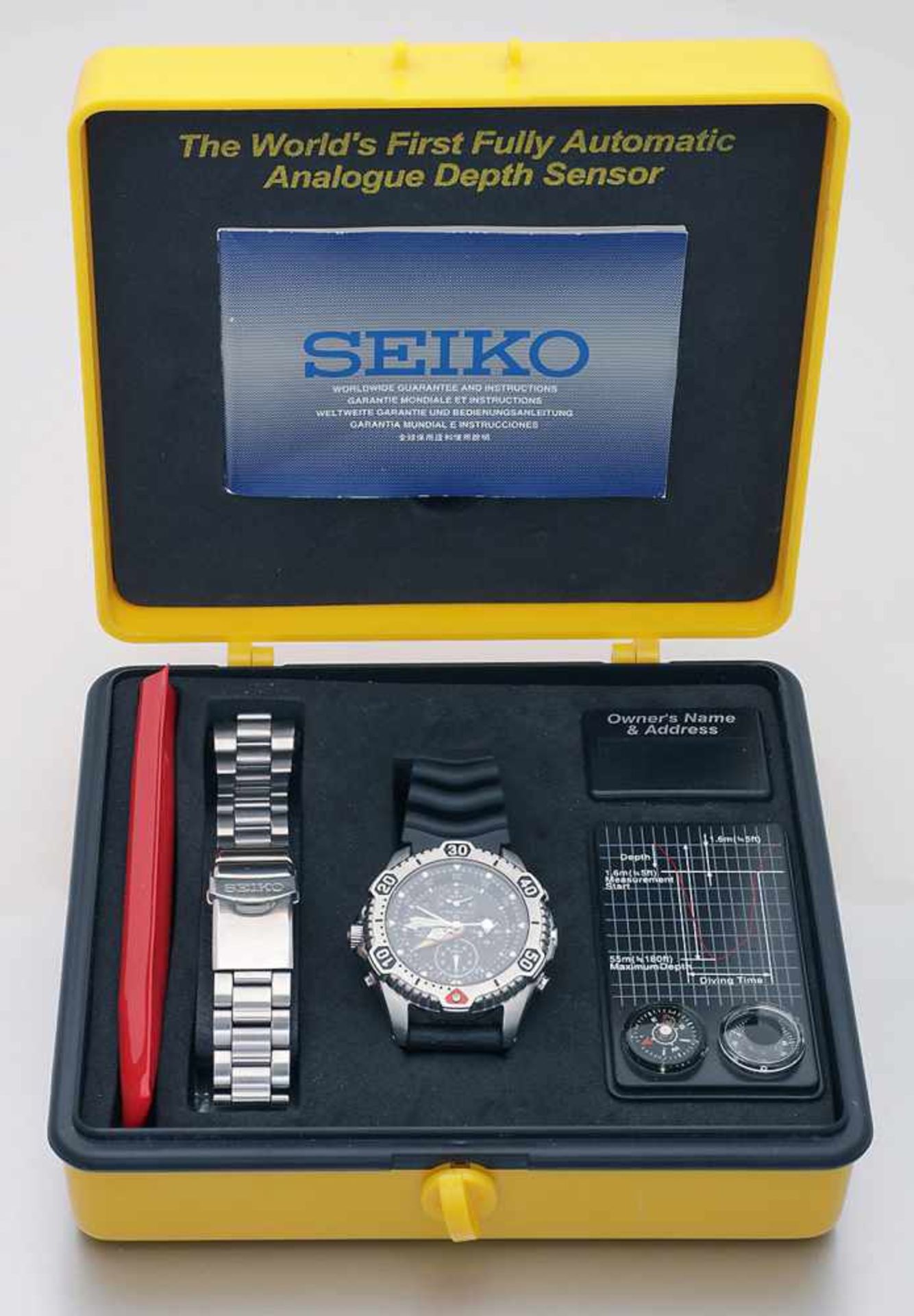 Weltweit erste vollautomatische Uhr mit Tiefensensorvon Seiko, sog. "Seiko Scuba Diver's" von 1997.