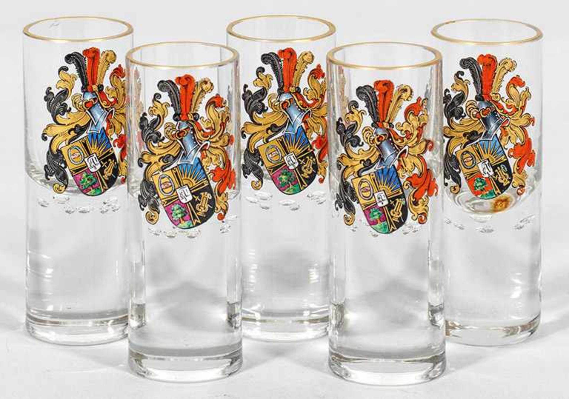 Fünf Schnapsgläser der Jenaer Burschenschaft Arminia auf demBurgkellerFarbloses Glas. Zylindrisch,