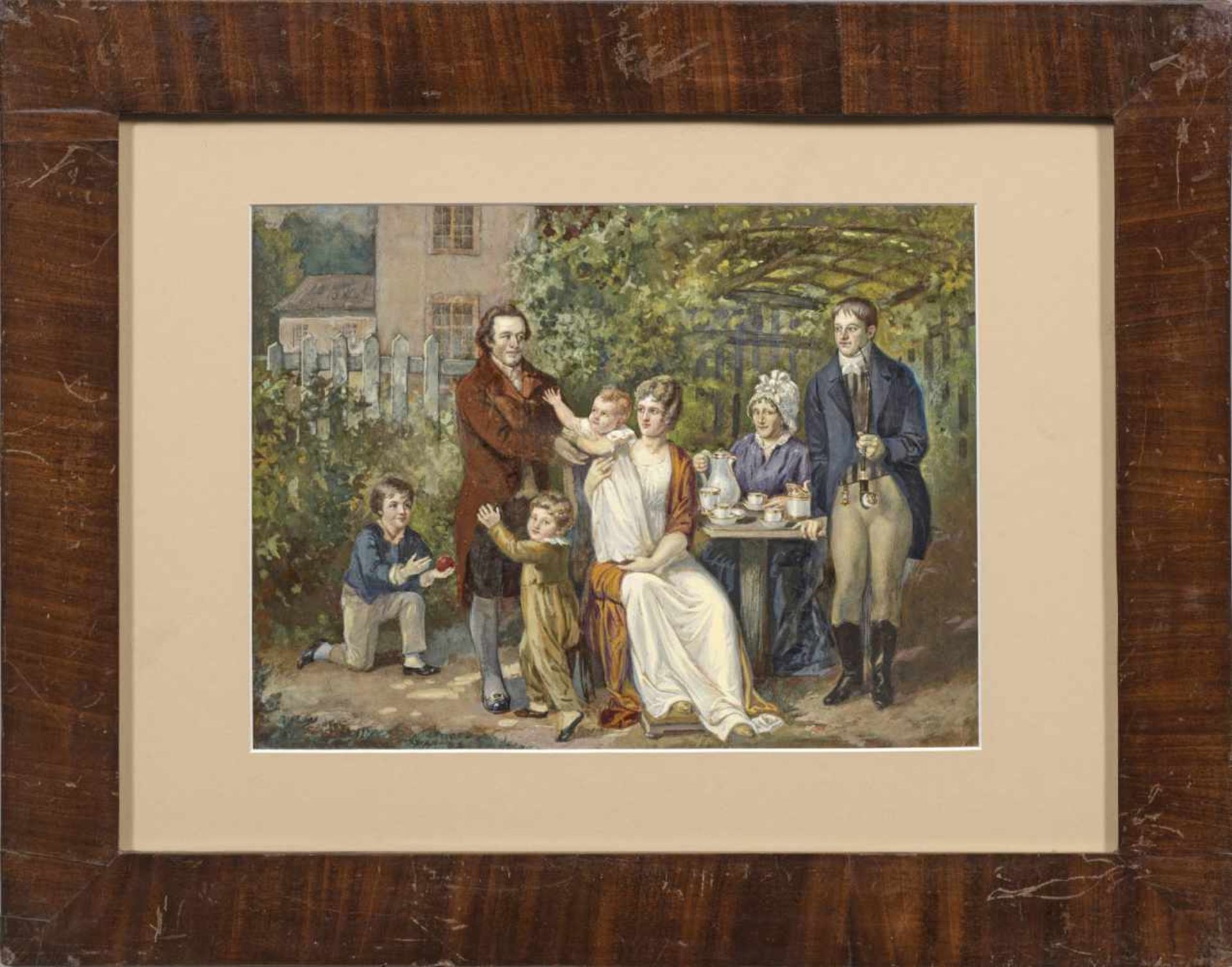 Deutscher Genremaler(Tätig 2. Hälfte 19. Jh.)Familienidyll mit GoetheSzene unter einer Pergola um