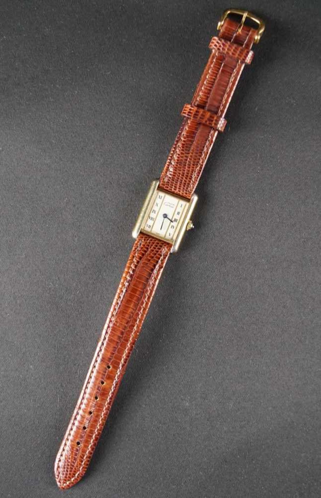 Cartier Tank Vermeil925er Silber, vergoldet, Werk funktionsfähig, Armband aus Teju-Eidechsenleder