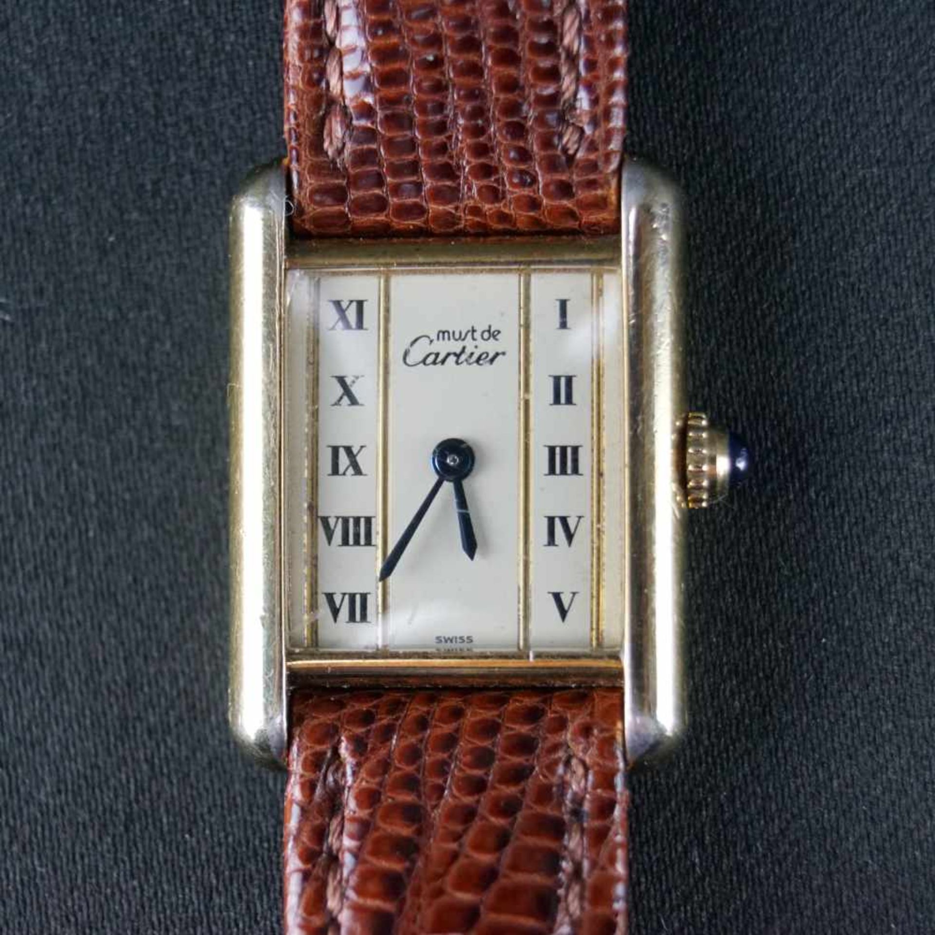 Cartier Tank Vermeil925er Silber, vergoldet, Werk funktionsfähig, Armband aus Teju-Eidechsenleder - Bild 2 aus 6