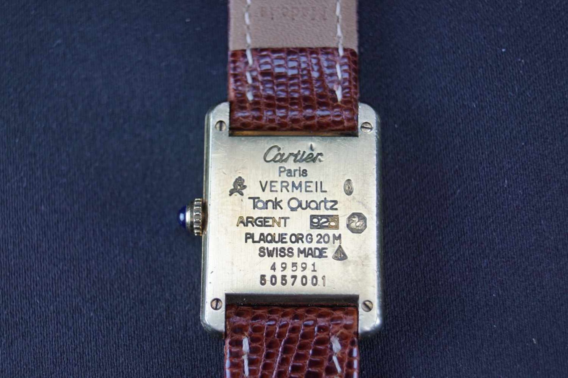 Cartier Tank Vermeil925er Silber, vergoldet, Werk funktionsfähig, Armband aus Teju-Eidechsenleder - Bild 4 aus 6