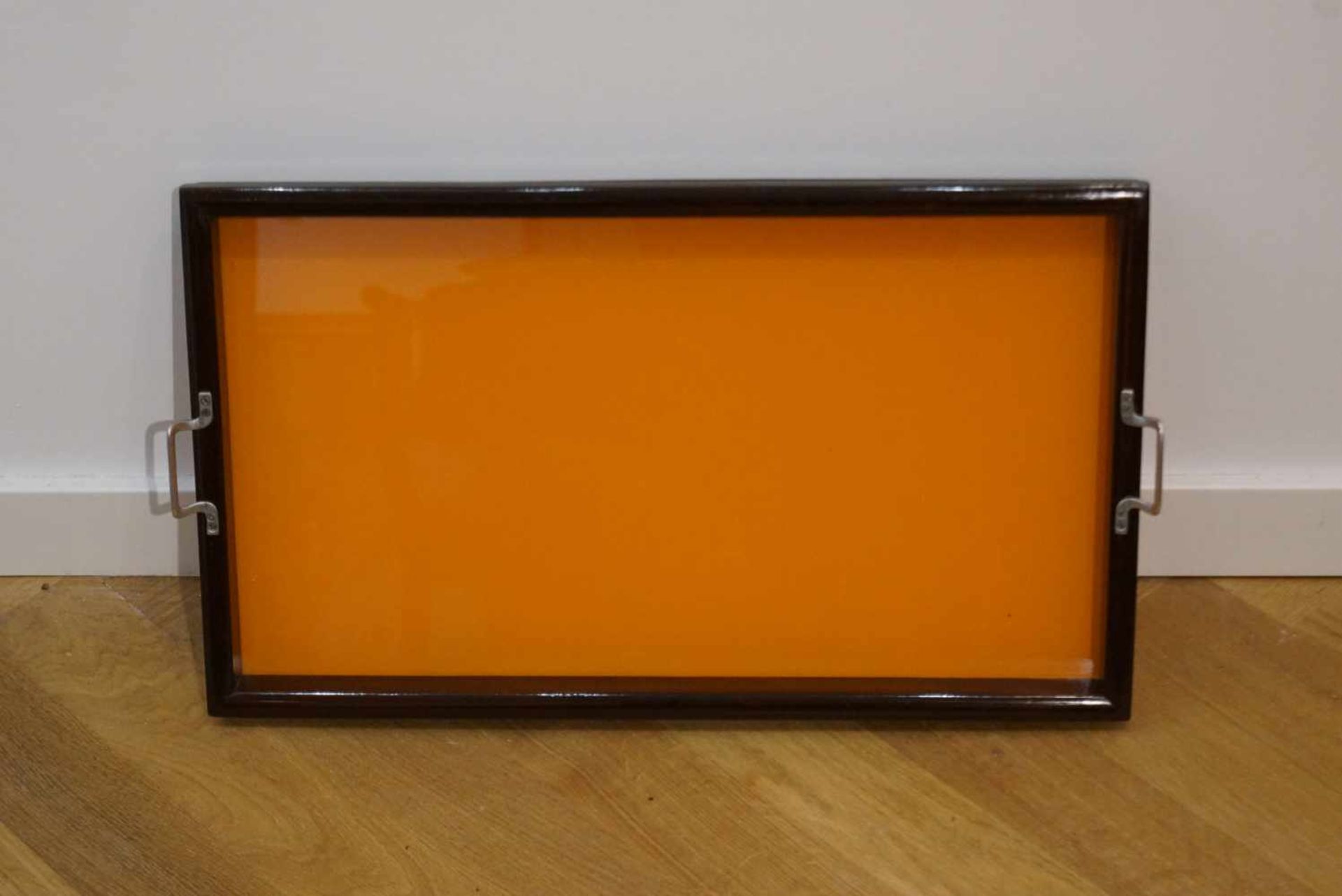 Servierwagen, Art-DecoMahagoni, gefärbte Glasböden in Orange, Tablett abnehmbar, Höhe 67,5 cm x - Bild 4 aus 5