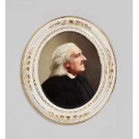 Porzellanbild mit dem Porträt von Franz LisztPorzellan, farbiger Aufglasurdekor. Ovale Platte mit